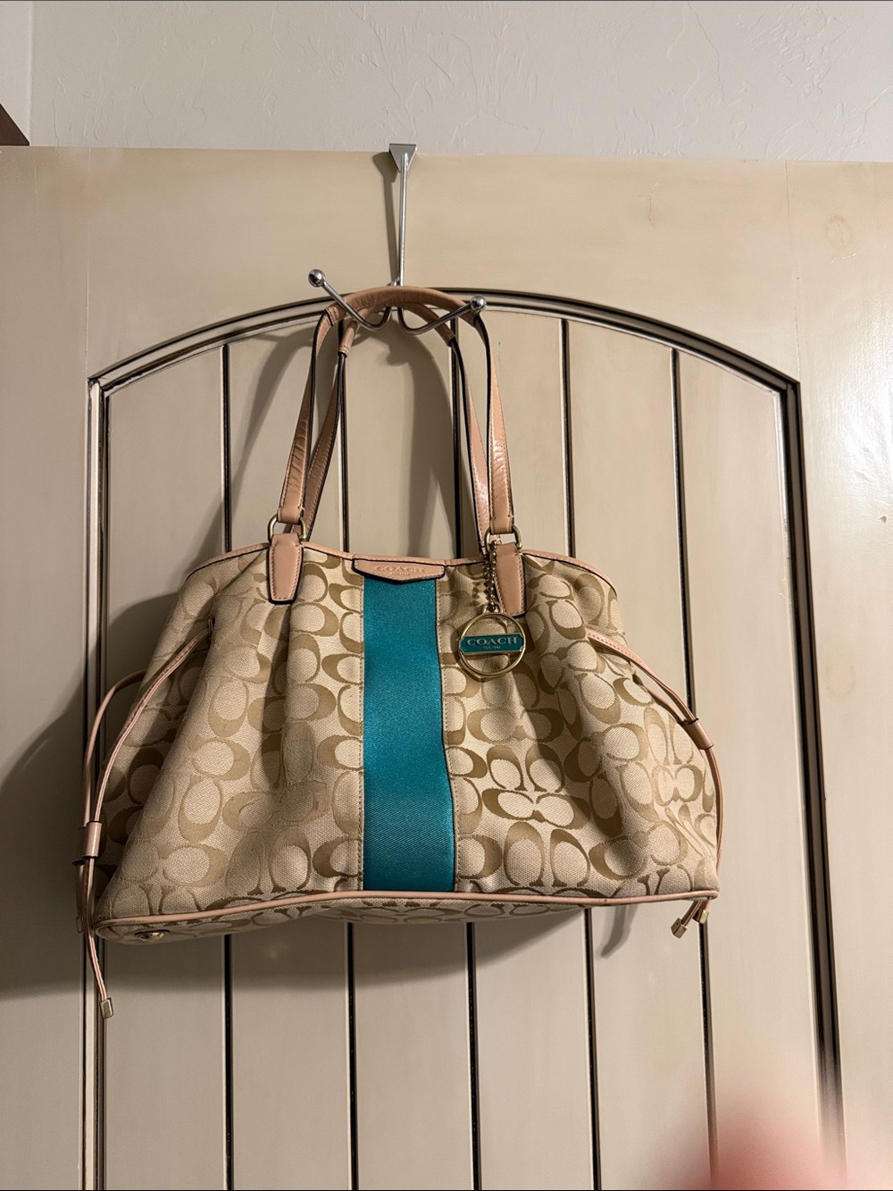 Coach Beige Signature Shoulder Bag with Teal Center Stripe